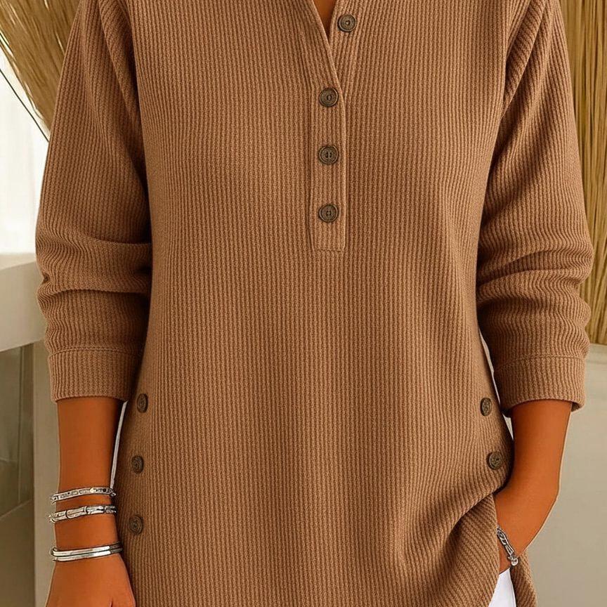 2025 European and American Autumn/Winter Solid Color V-Neck Button Long Sleeve Women's Casual Top