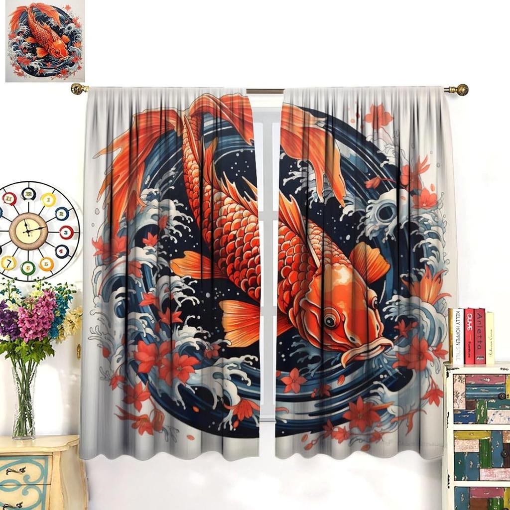 Cortina de Peixe Koi Japonês   Onda Grande Contorno de Koi Estilo Asiático Onda Flor Arte Carpa Cortina Quarto Escuro Bolso para Varão de Porta e Janela C