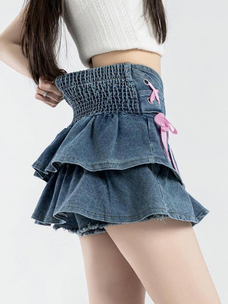 Women's Ruffled Denim Mini Skirt Summer Bandage Bow Blue Shorts Skirt Y2k Clothes Spicy Girl Streetwear