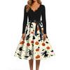 Women's Casual Vintage V Neck Dress Halloween Printed Long Sleeve Retro Style Pumpkin Bat Pattern Full Skirt Dress with Waist Tie