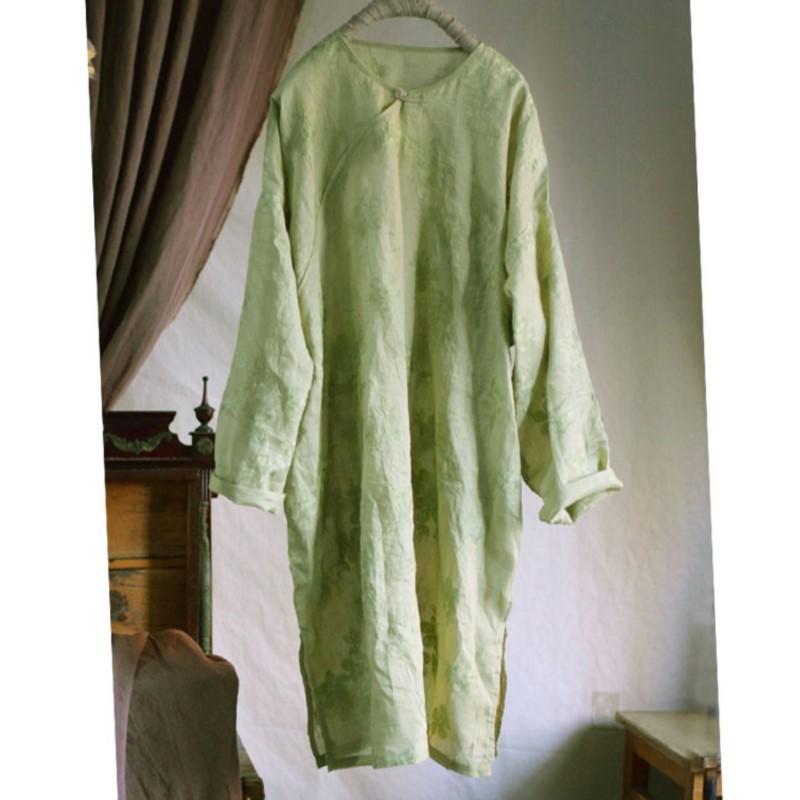 

Johnature Women Vintage Jacquard Dress Solid Color O-Neck Long Sleeve Spring Chinese Style High Quality Dress One Size