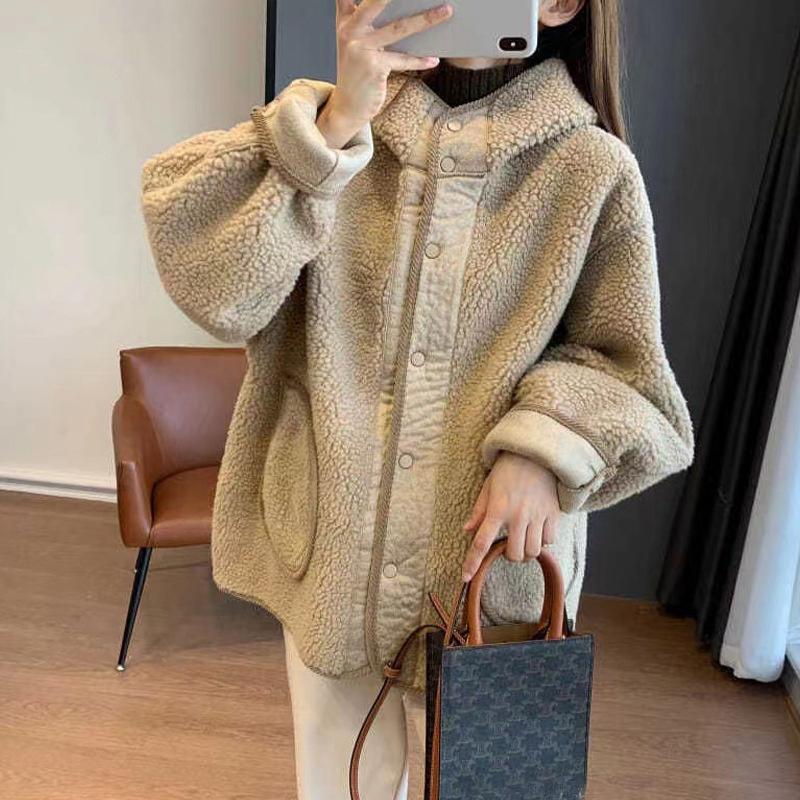 Imitation Lamb Wool Hooded Coat For Women Fall Winter Coat Button New Korean Style Small Loose Slimming And All-Matching Top