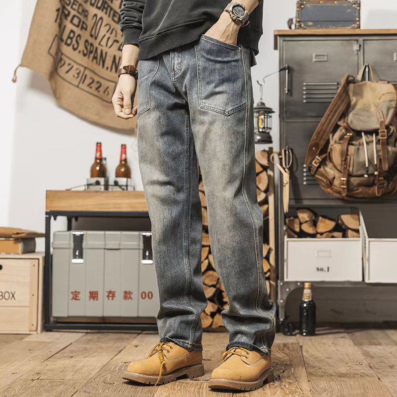 American retro men's jeans are comfortable and loose, straight washed, summer thin trendy casual long pants