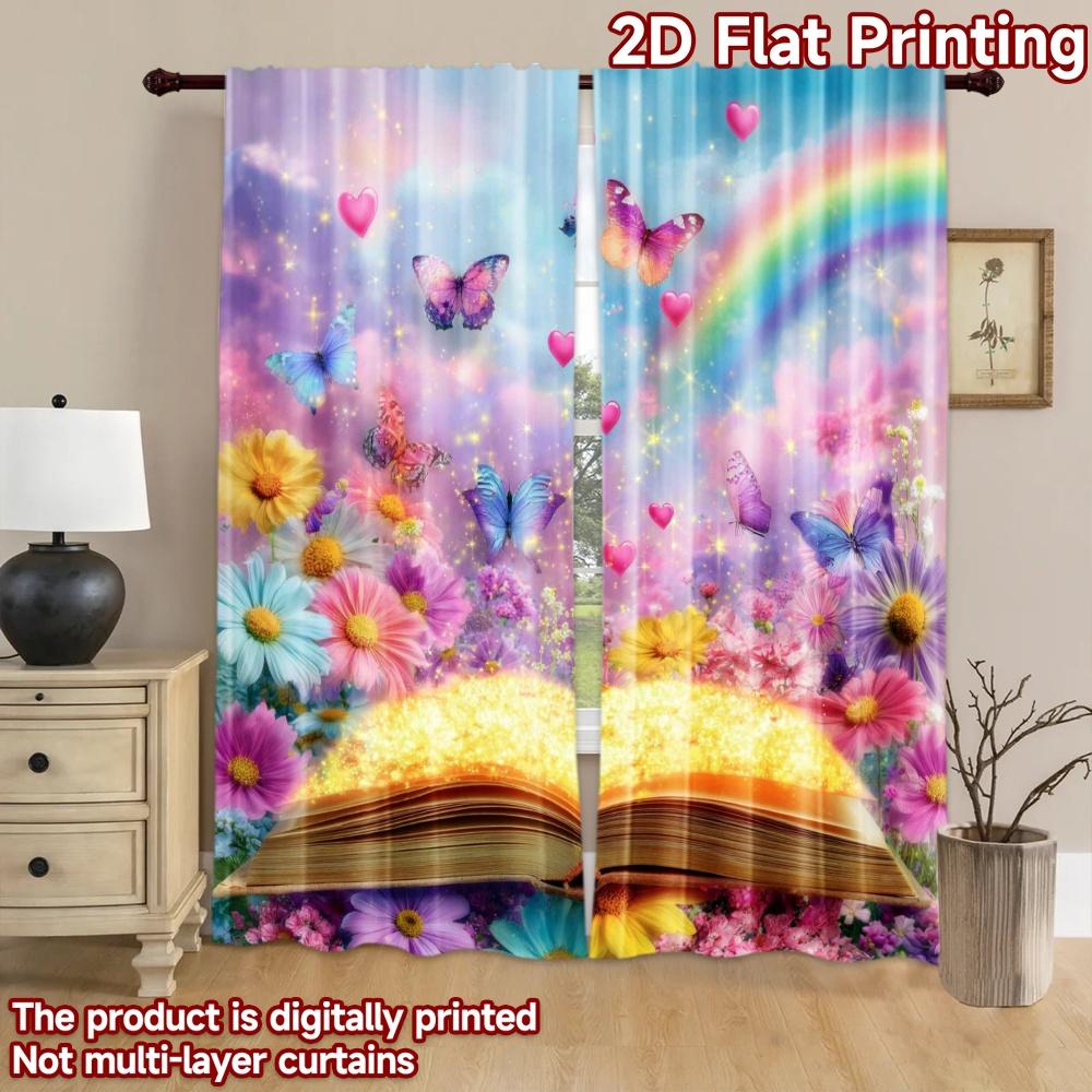 2D flat printing 2pcs Window Drapes Butterfly Rainbow Dream Book Digital Printed Polyester Drapes Family Party for Holiday
