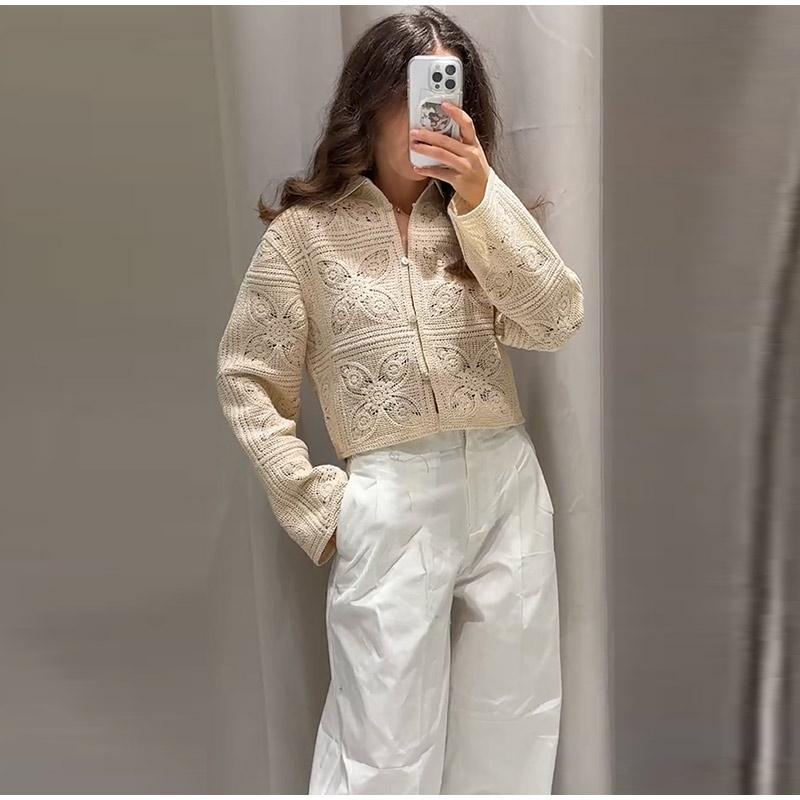 Gestrickte Lochmuster 2-teilige Sets Damen Outfit Elegant Gehäkelt Einreihig Revers Oberteil High Waist Shorts Sommer Damenanzug Pendeln