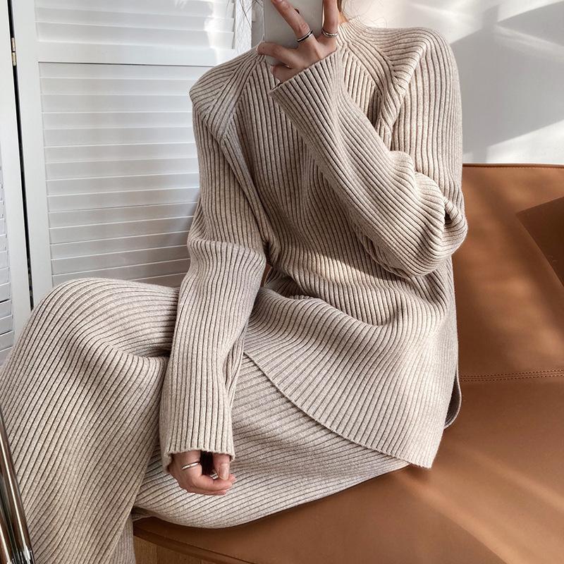 Women Sweater Suit Fall and Winter Solid Color Round Neck Sweater Set Women's Loose Knitted Top Clothing Wide Leg Pants Two-piece Set