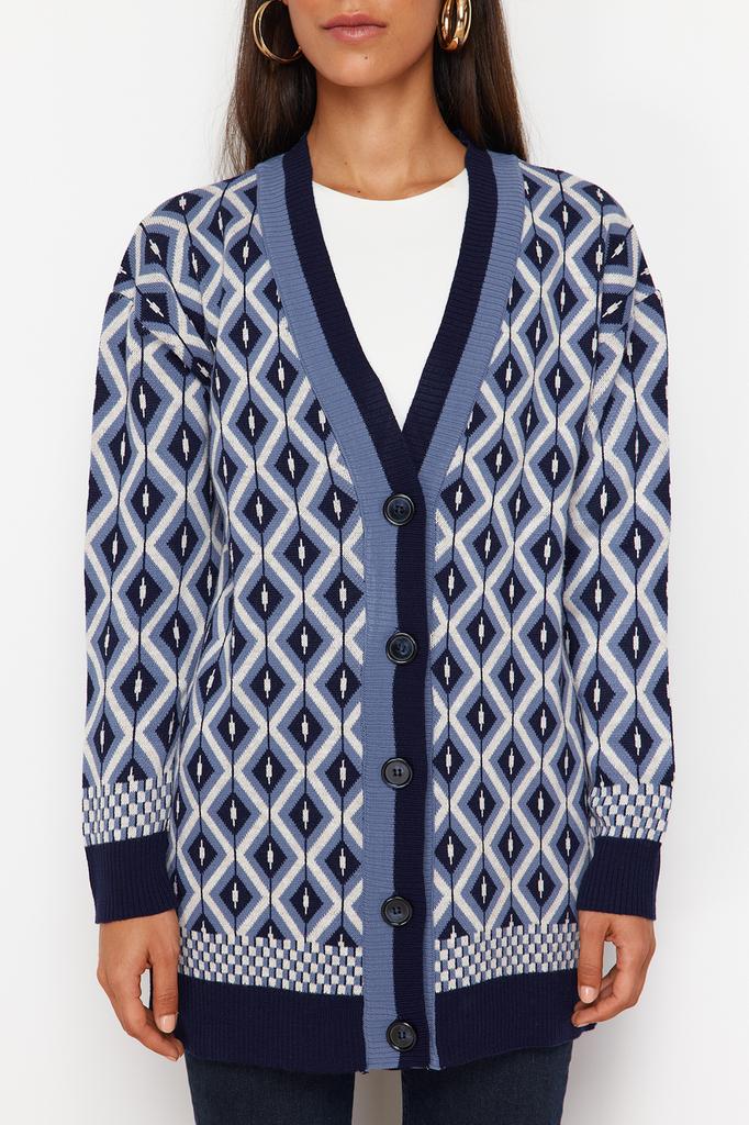 Women's Fashion New Hijab Cardigan Navy Blue Jacquard Button Detailed Knitwear Cardigan
