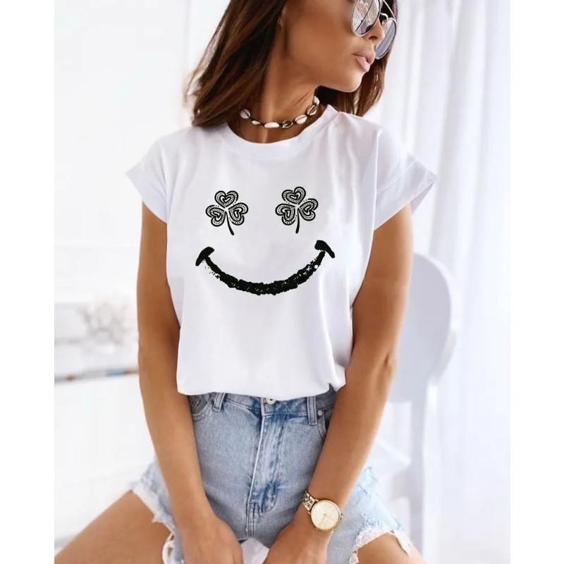 Καλοκαιρινή Γυναικεία Μπλούζα T-shirt με Στρογγυλή Λαιμόκοψη, Τυπωμένη με Σχέδιο 'Love Clover Smiling Face', Μοντέρνα, Casual, Καθαρό Βαμβάκι, Κοντομάνικη