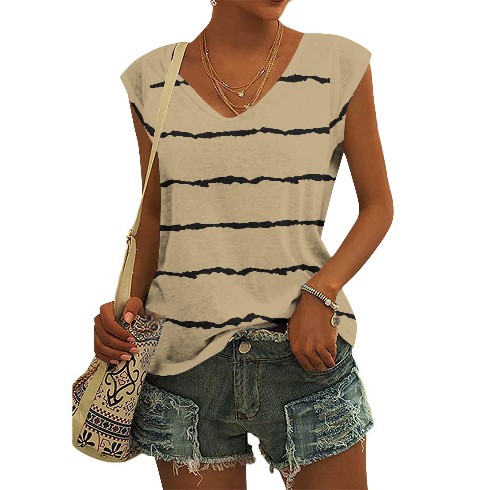 

Женские модные повседневные топы с принтом, рубашки без рукавов, пуловеры с V-образным вырезом, футболки XXXL бежевый