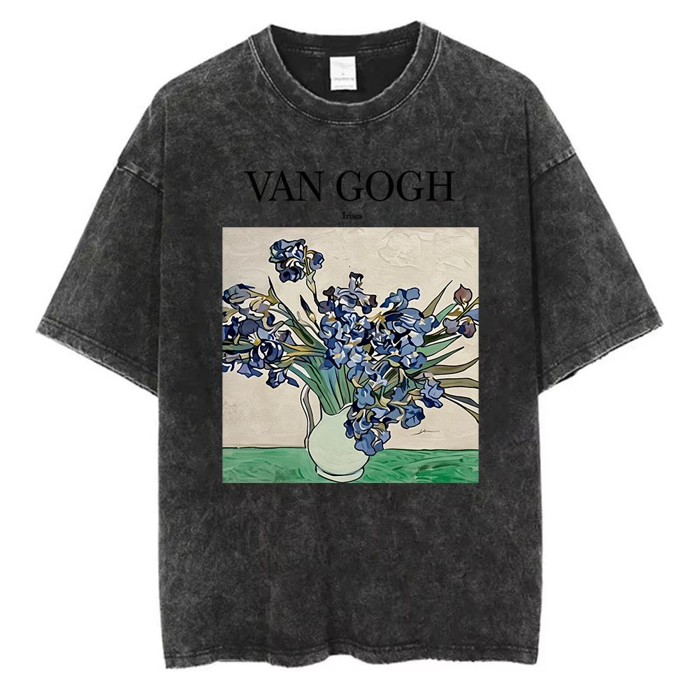 Vintage gewaschenes Baumwoll-T-Shirt Herren Vincent Van Gogh Sternennacht Sonnenblumen Grafik-T-Shirt Kunst Ästhetik Retro Säurewäsche Lockeres Oberteil