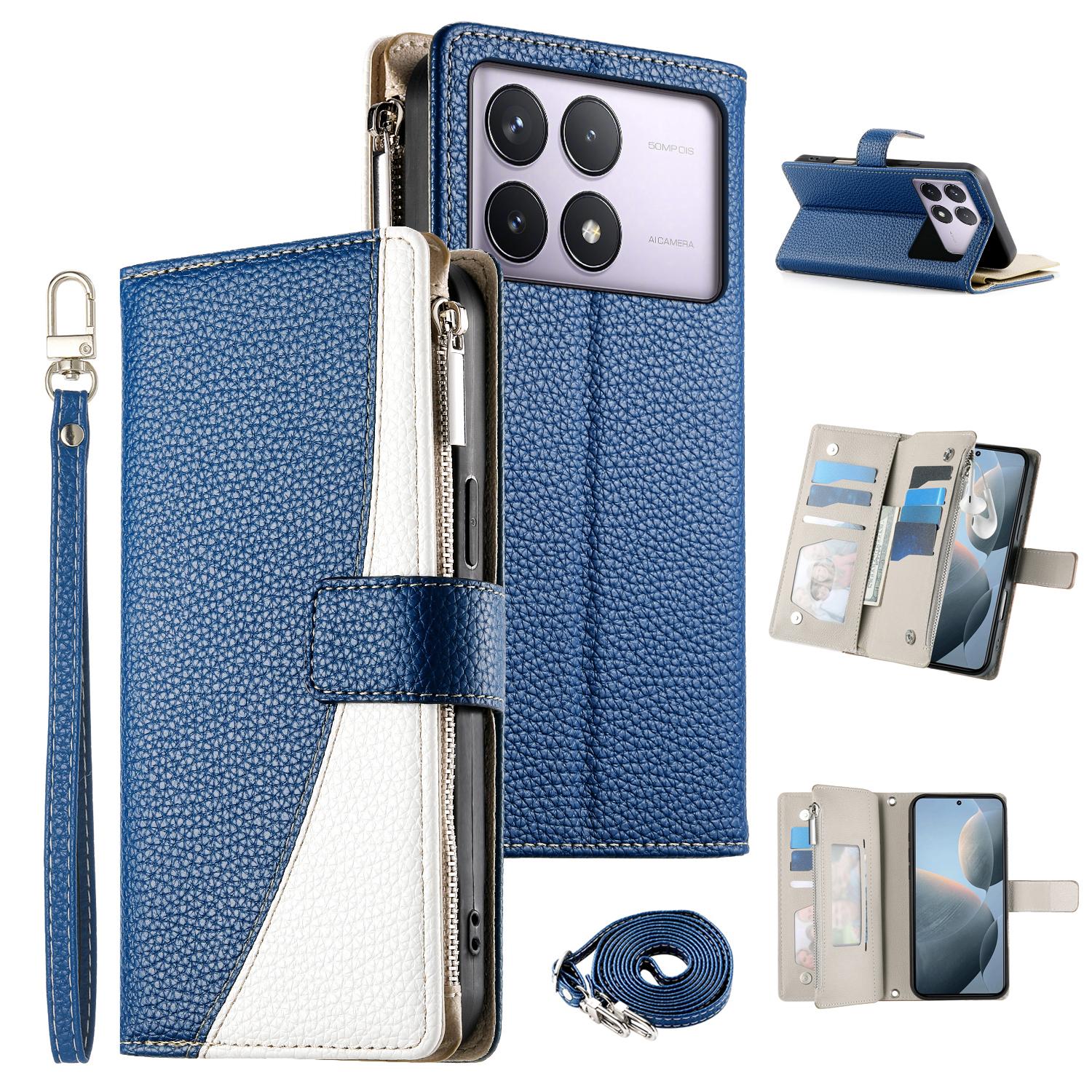 

Leather Case For Xiaomi Poco F6 Pro 5G/Redmi K70 Pro 5G/K70 5G Zipper Wallet Color Splicing Flip Phone Cover with Straps E