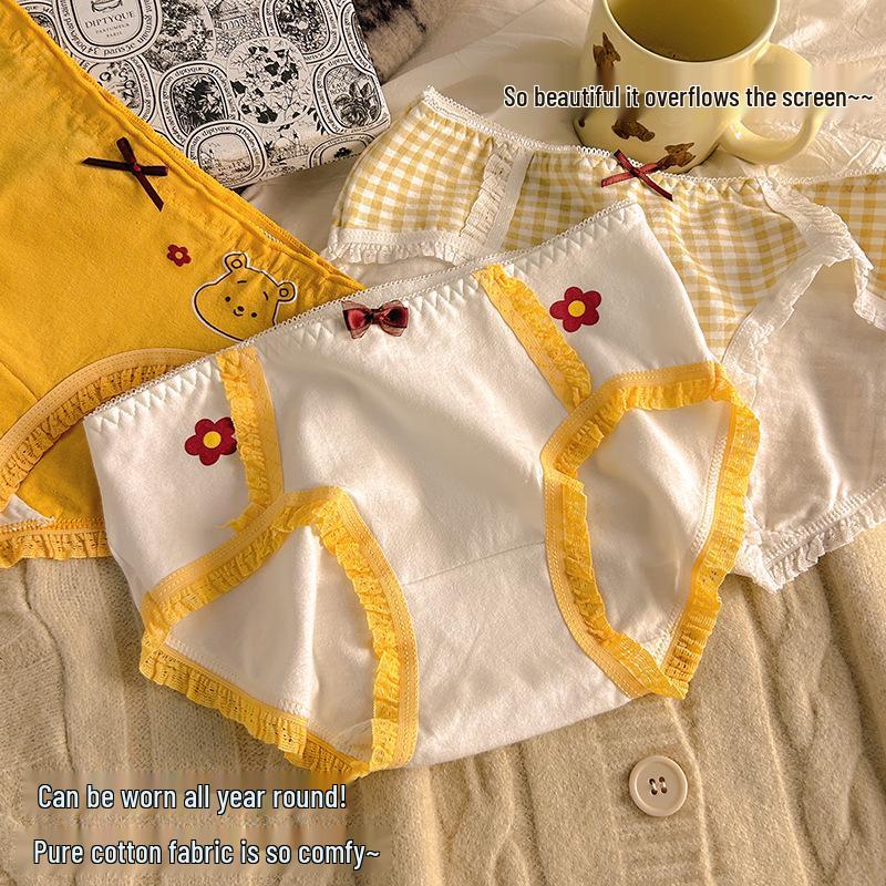 Girls' Cotton Mid-Waist Plaid Panties with Bow - Comfortable & Breathable