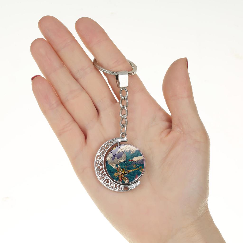 Japanese Wave Ukiyo-e Art Double-Sided Rotating Keychain Pendant