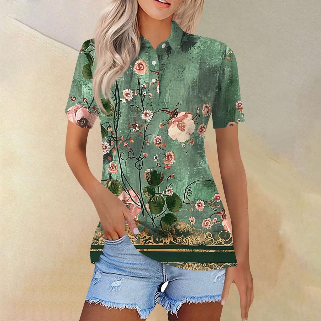 Women's Fashion Casual Lapel Short Sleeve Print Shirt Women's Button Up Tops