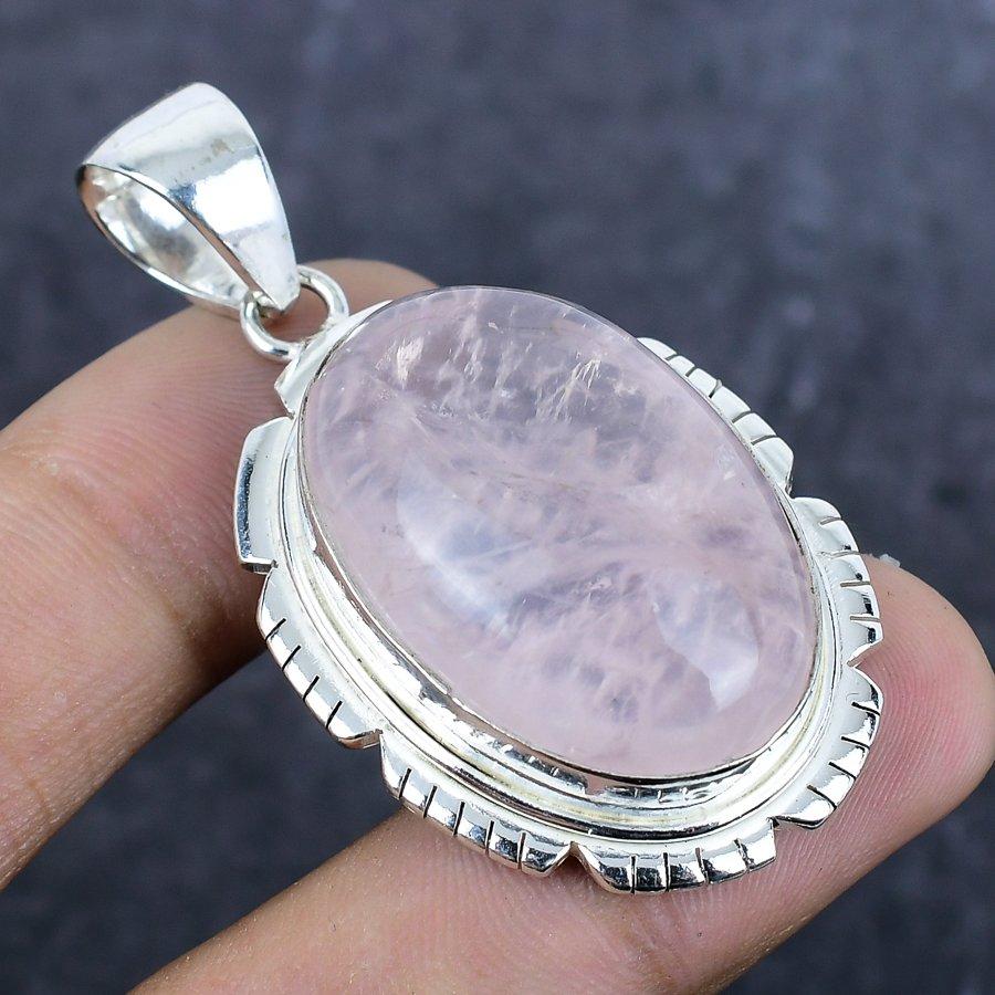 Natural Rose Quartz Gemstone 925 Sterling Silver Jewelry Pendant 2.05" N3y04