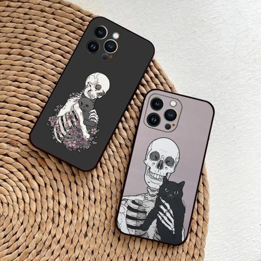 Skeleton Cat Painted Phone Case For iPhone 15,14,13,12,11,Plus,Pro Max,XS,X,XR,SE,Mini,8,7 Soft Silicone Black Cover