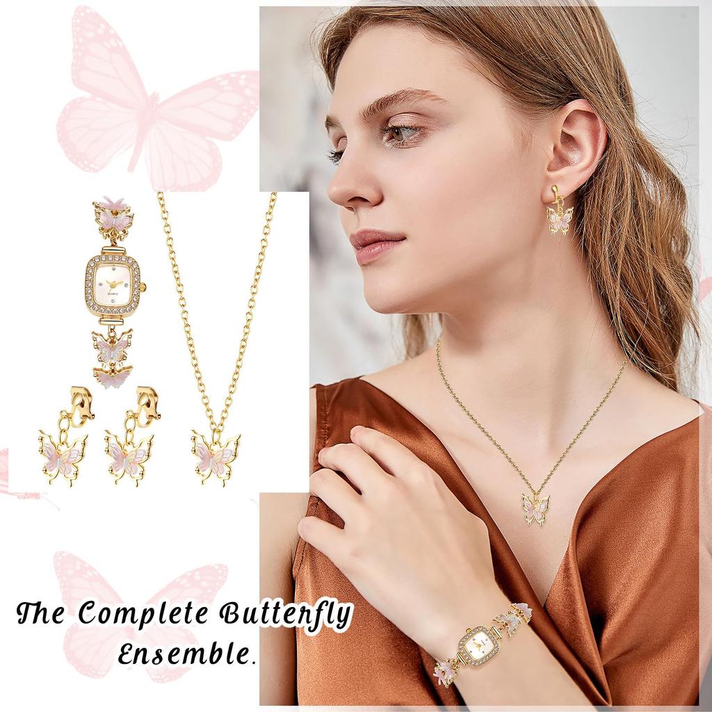 Women's Butterfly Watch Earrings Necklace Cute Stylish Waterproof Analog Quartz Watch Fashion Accessory for Women - Birthday Anniversary Mother's