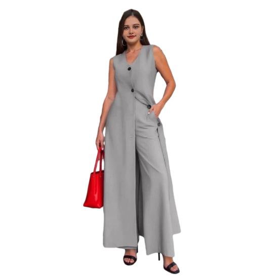 

2Pcs/Set Women Outfit V-Neck Sleeveless Buttons Placket Long Tops High Waist Wide Leg Pants Pure Color Casual Summer Outfit Daily 2XL светло-серый