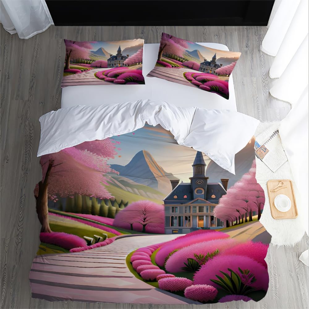 Castle Cartoon Duvet Cover, Soft Microfiber Bedding Set With Zipper Closure, 3D Castle Comforter Cover With Pillowcases