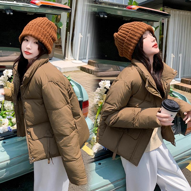 Women Autumn Winter Big Pocket Solid Color Thicken Outwear Cotton Padded Stand Collar Warm Short Jacket Coat