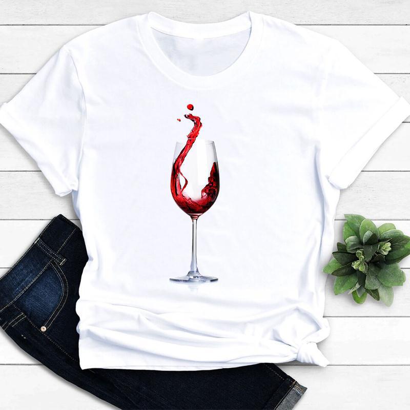 Womens Vintage Tee Color Wine Glass Print a Generation Hair Base Shirt Trend Aesthetic Graphic T Shirts Casual Tops