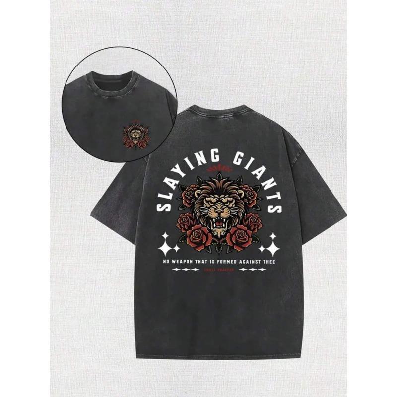 

European sizes Men s T shirt Black Short Sleeve With Rose Lion Head Illustration Graphic Print Washed Cotton Vintage Casual Crew Neck Regular Fit S чёрный