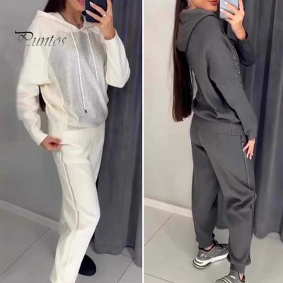 Ensemble de 2 pièces pour femme, sweat à capuche et pantalon, décor strass, manches longues, patchwork, sport, taille élastique, tenue de fitness, survêtement d'automne et de printemps