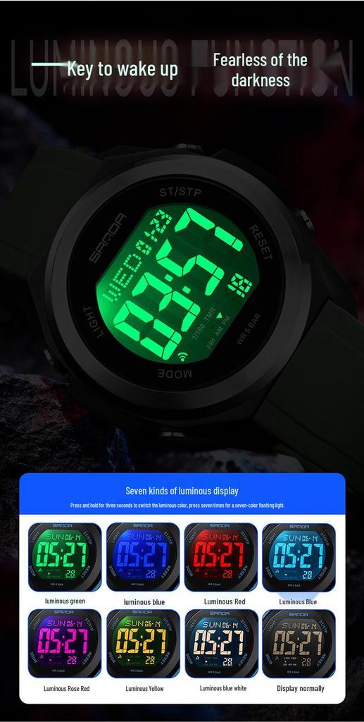 Sanda Unisex Student Party Watch: Colorful Lights, Multi-functional, Waterproof Sports Electronic Watch