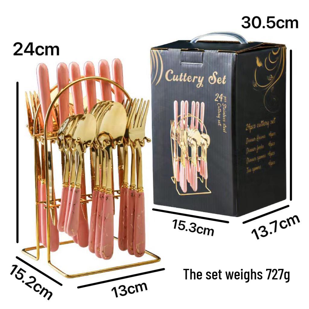 Stainless Steel 24-Piece Cutlery Set with Imitation Ceramic Handles - Includes Knives, Forks, and Spoons in Gift Box.