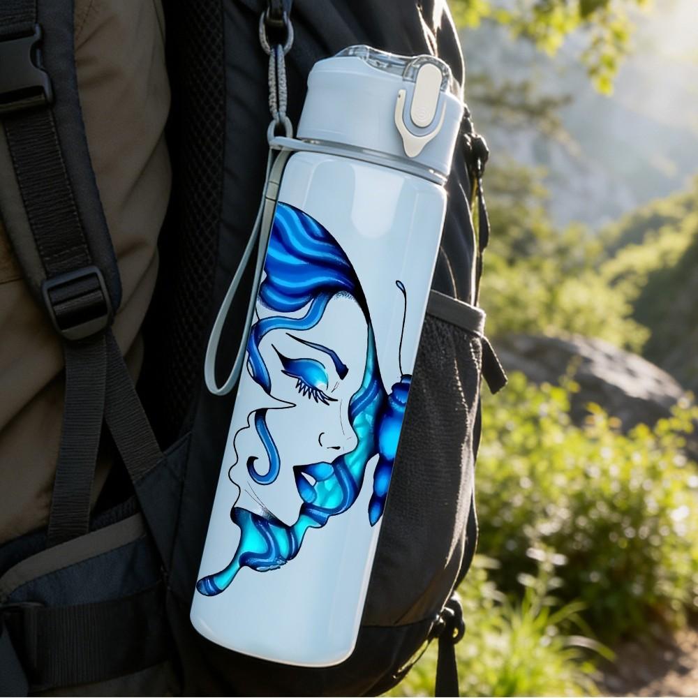 1PC Blue Gradient Butterfly Wing Print 750ml Color Plastic Sports Water Bottle Leakproof Flip Straw Lid Suitable for Sports Office Home Use