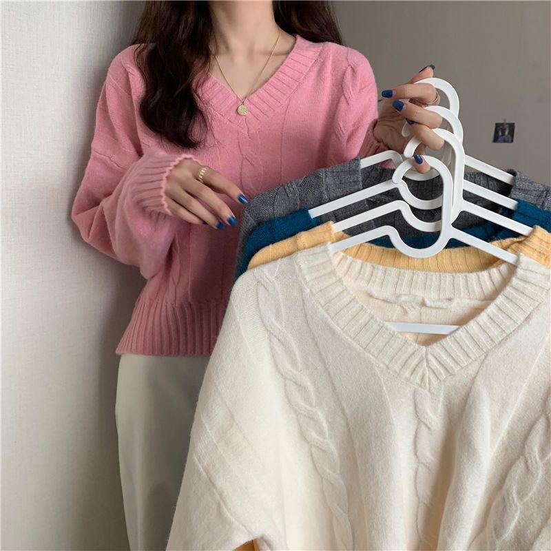 V-Neck Pullover Sweater Women's Solid Thread Woolen Long Sleeve Soft Spring Autumn Knitted Top