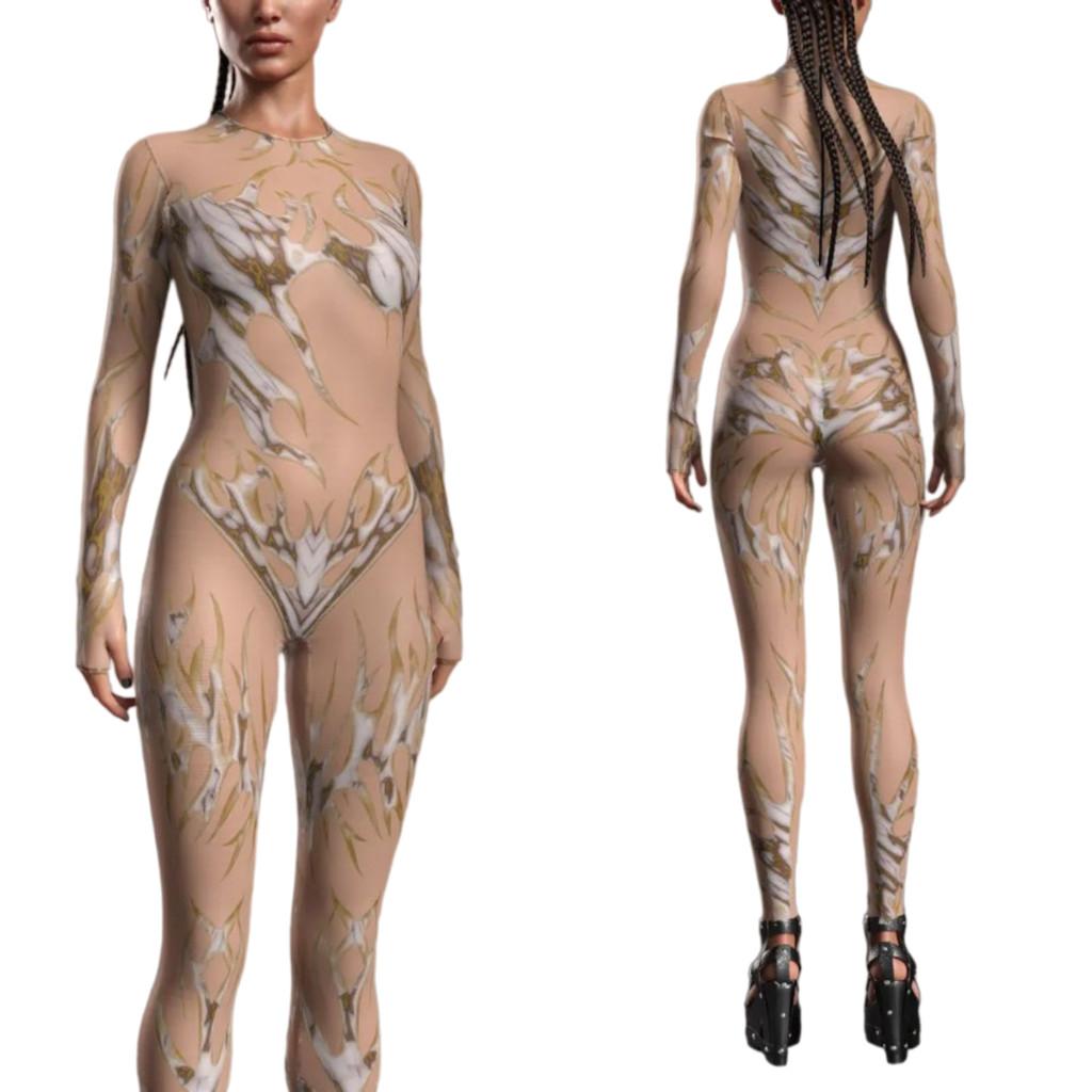 Damen Hautkörper Bemalte Sexy Strumpfhosen Erwachsene 3D Digitales Feuerdruck Halloween Party Tanz Verkleidung Outfit Jumpsuit