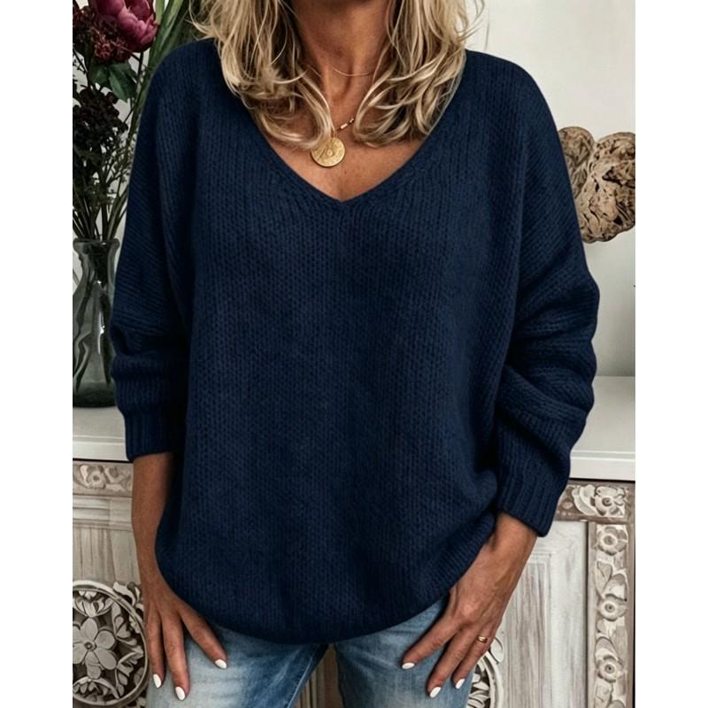 Womens V-Neck Knit Sweater Casual Street Style Long Sleeve Pullover Basic Layering Top