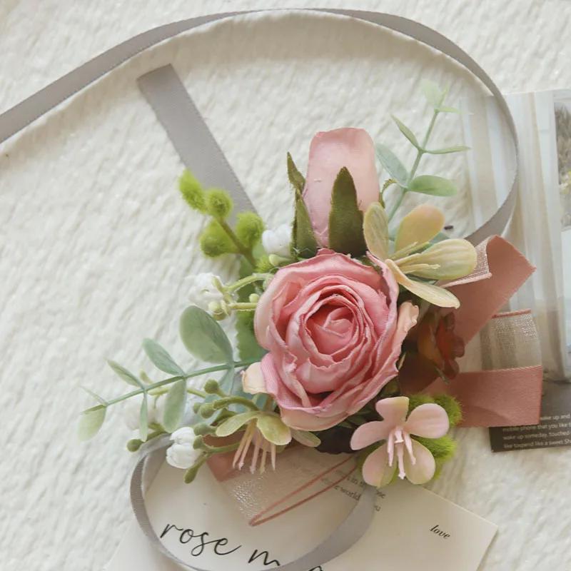 6pcs Pink Corsage Boutonniere Set for Bride Groom Bridesmaids Groomsmen Wedding Cerenony Homecoming Prom Suit Flowers