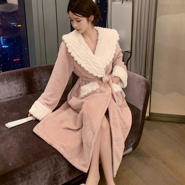 Women's Thickened Fleece-Lined Robe Pajamas, Lengthened Coral Fleece Bathrobe, Autumn/Winter 2023