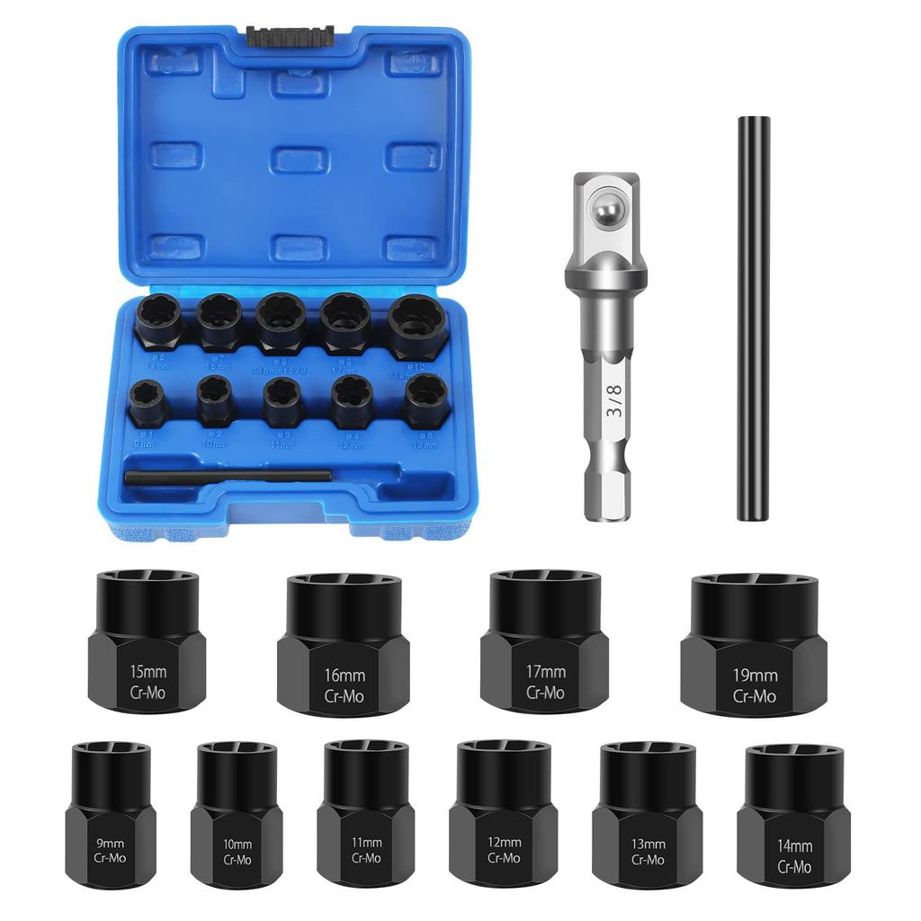 Nut Twister Nut Extractor for Stripped Sockets Car Repair Tool 12-Piece Bolts, 9mm, 10mm, 11mm, 12mm, 13mm, 14mm, 15mm, 16mm, 17mm, 19mm,