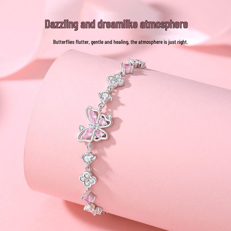 Tichia S925 Sterling Silver Butterfly Dance Bracelet with Pink Zircon Butterflies and Flowers for Women