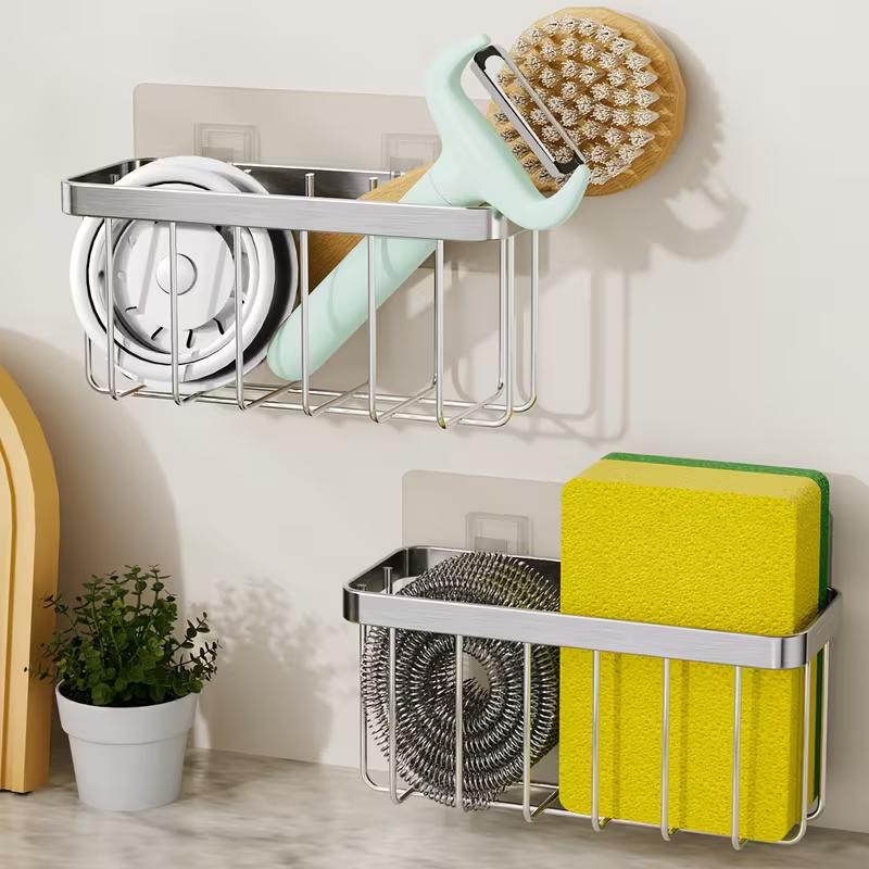 Stainless Steel Sink Caddy Kitchen Sink Organizer Sponge Holder Dish Soap Brush Storage Rack Countertop Drain Basket