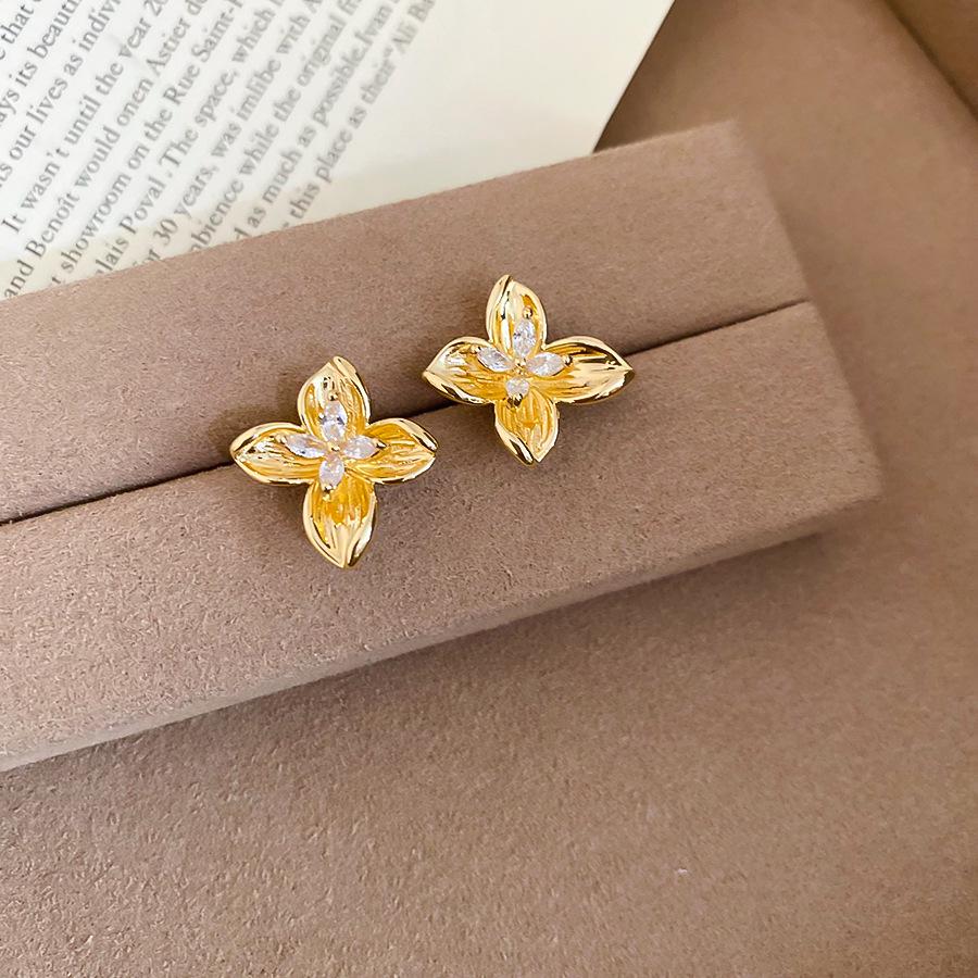 14k Gold Plated Zircon Flower Stud Earrings - Minimalist High-End Design for Women