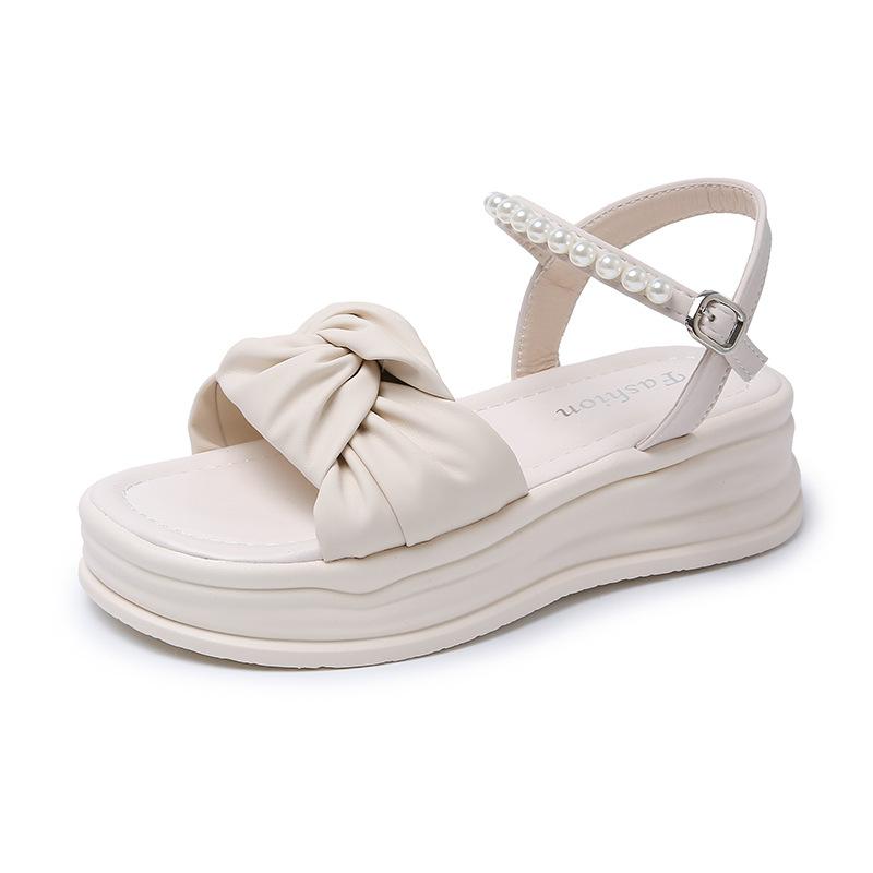 

Bow pearl belt muffin bottom platform sandals women s 2025 new fashion simple beach soft sole women s shoes 35