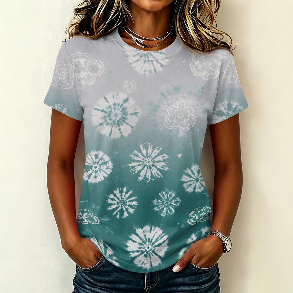 Women's Casual Pullover T Shirt Short Sleeve Round Neck Tie Dye Print Top Lightweight Comfortable Fit