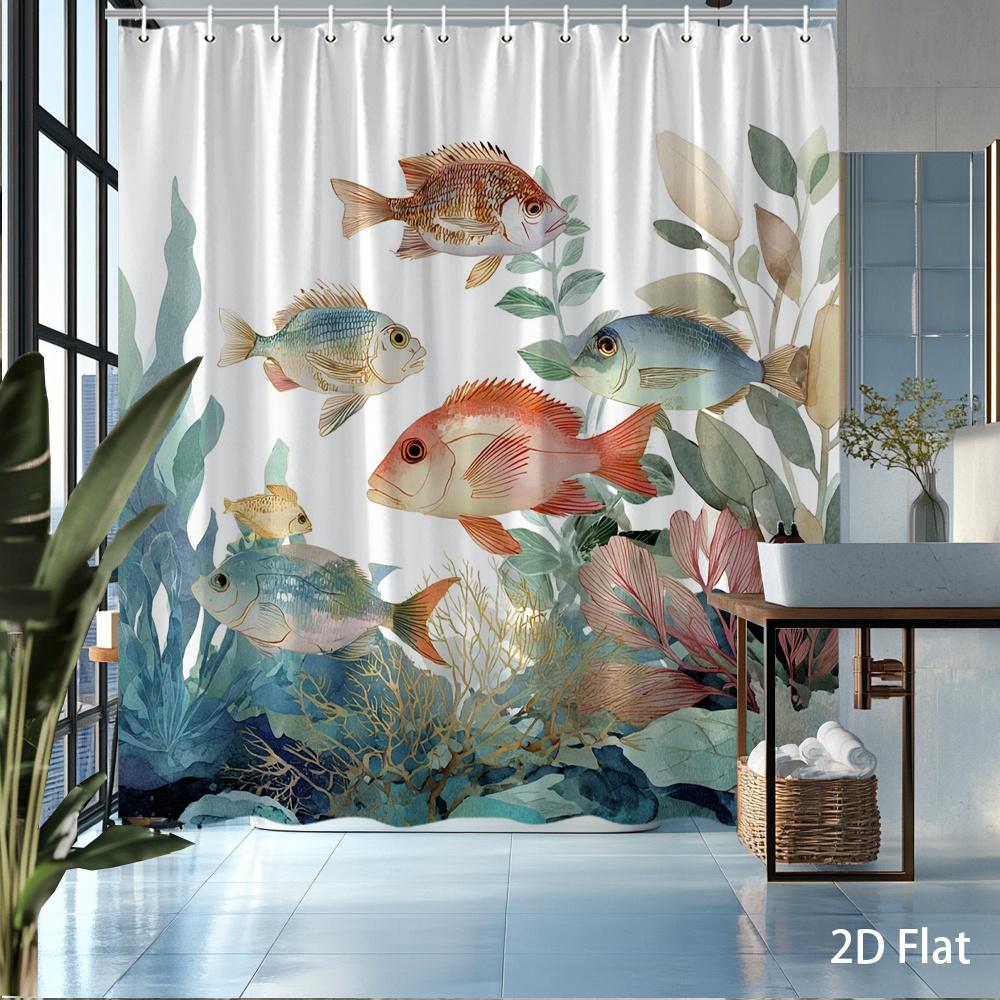 1Pc Shower Curtain — Watercolor Fish & Coral, Waterproof Machine Washable Polyester For Shower/Bathtub Bathroom Decor