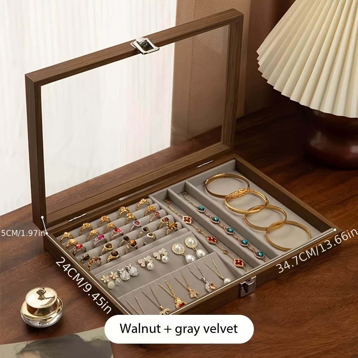 

Jewelry Storage Box Vintage Earring Display Case Jewelry Box Walnut Wood Glass Multi-Compartment Velvet Lined Organizer Gift серый