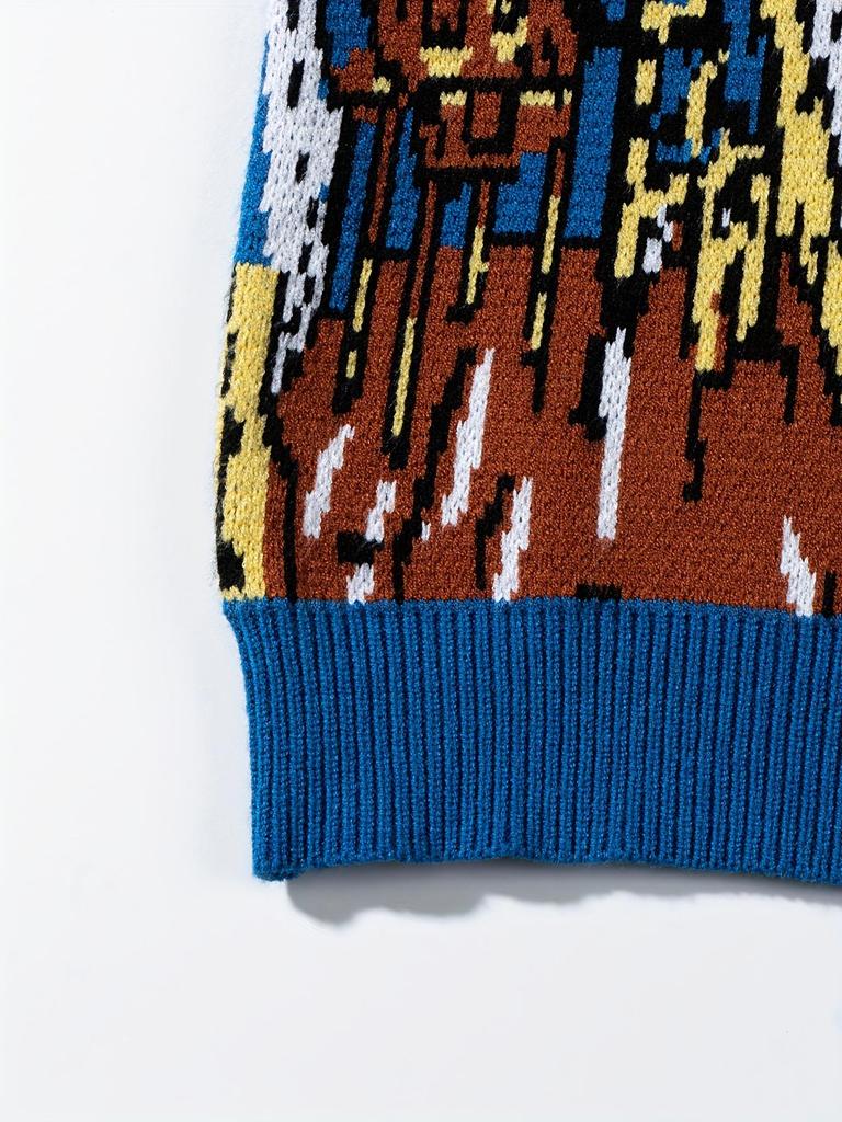 Stylish Korean Round Neck Men's Wool Sweater - Autumn/Winter Casual Loose Fit with Graffiti and Color Block Design