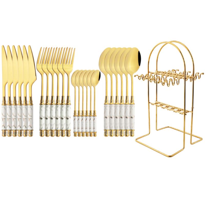 Juego de cubiertos dorados con mango de cerámica de imitación, vajilla de acero inoxidable 304, cuchillos, tenedores, cuchara con soporte para cubiertos, 24 Uds.