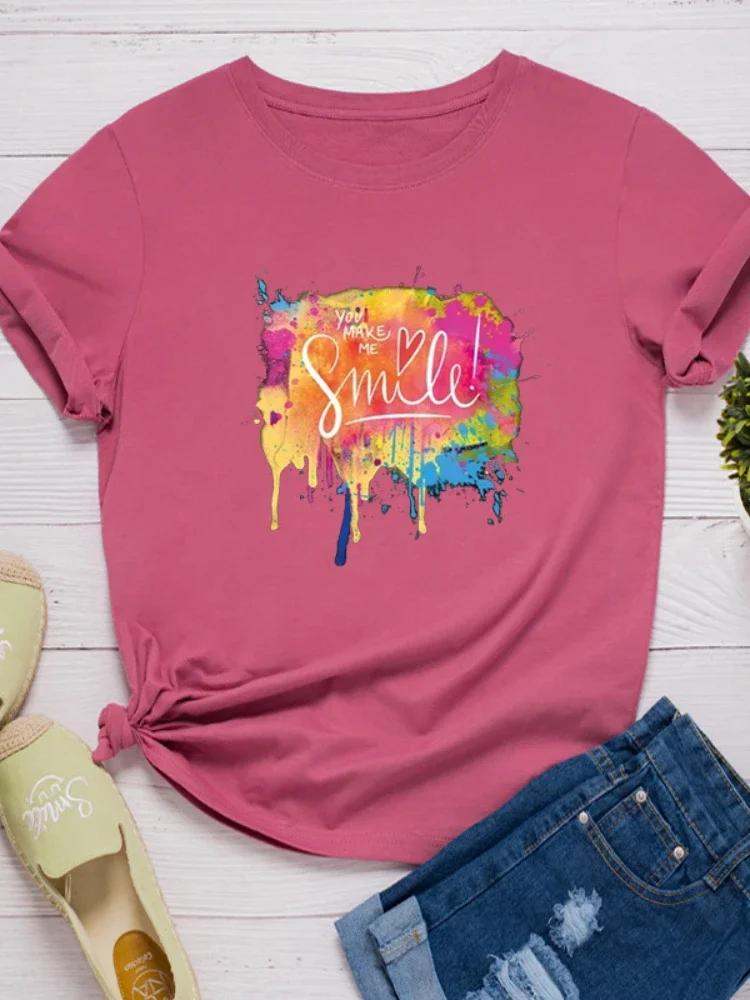 You Make Me Smile Multicolor Print Women T Shirt Short Sleeve O Neck Loose Women Tshirt Ladies Tee Shirt Tops Camisetas Mujer