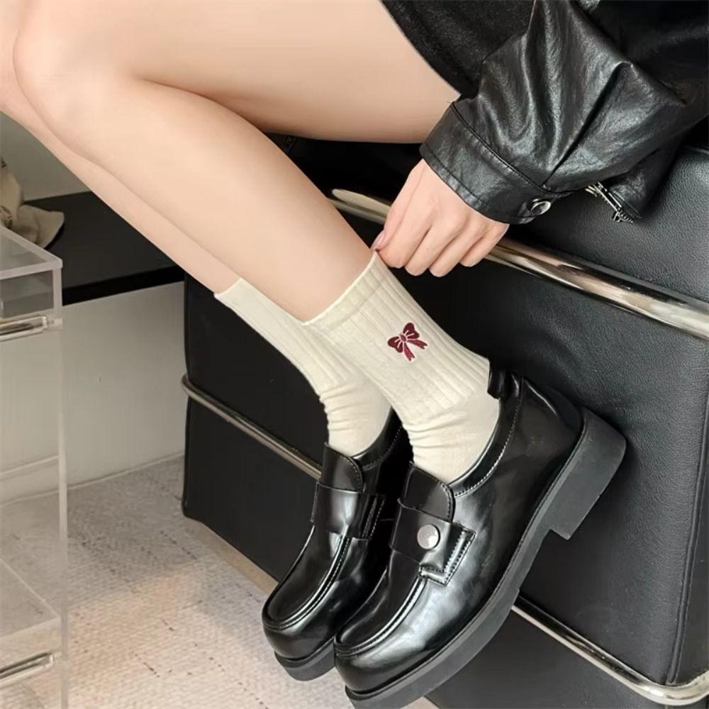 Red Lovely Bow Middle Tube Socks Spring Snow Boot Socks Female Elastic Striped Socks  Women Gift