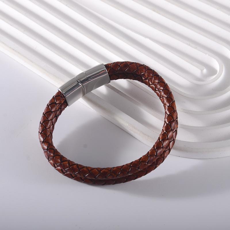 Leather Bracelet with Leather Strap, Stainless Steel Bracelet, Genuine Leather Bracelet, Retro Leather Ring, Men's Cowhide Bracelet