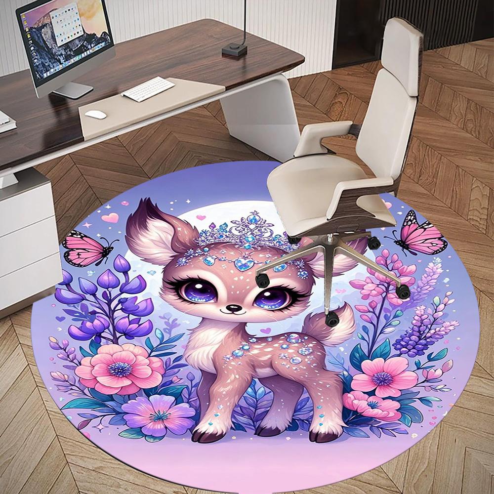 1PC Deer Flowers Fantasy Round Chair mat Area Rug - Non-Slip, Floor Mat for Office, Bedroom, home decor Christmas Gift c0528020