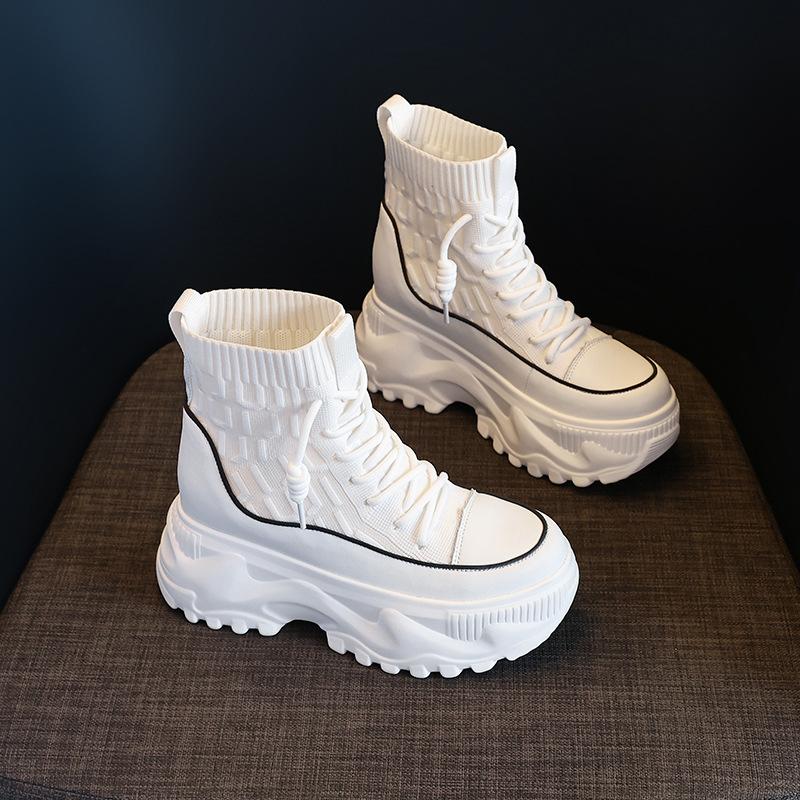 Fashion 8cm Women 2024 Autumn and Winter New Thick-soled Mid-calf Boots Inside Height-raising Socks White Shoes with Muffin